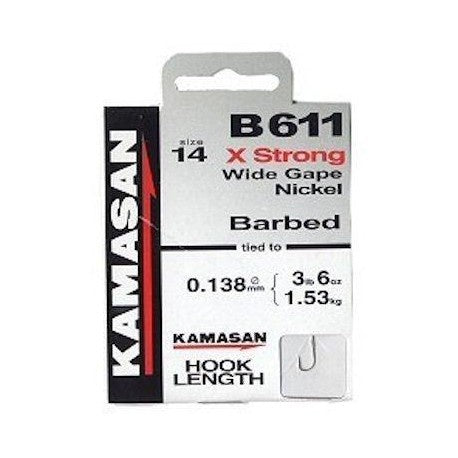 Kamasan B611 - X Strong Wide Gape Nickel Hooks to Nylon Barbed