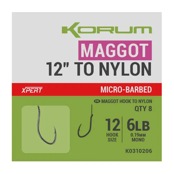 Korum Xpert Maggot Hooks To Nylon 12"